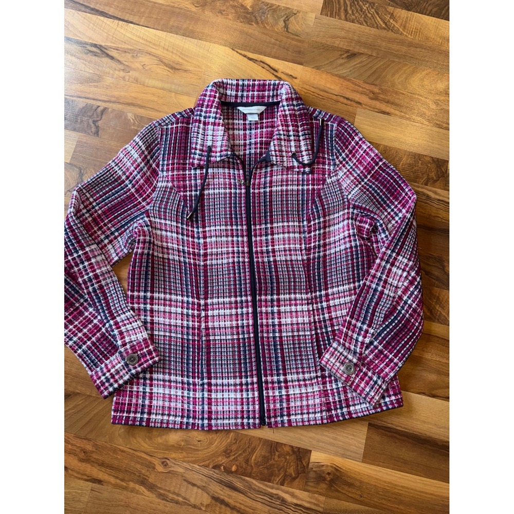 Christopher & Banks Plaid Zip Jacket Womens Medium Pink Navy Blue Excellent Coat